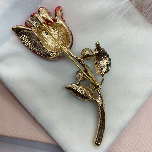 Red Rhinestone Rose Brooch - Picture 3 of 3